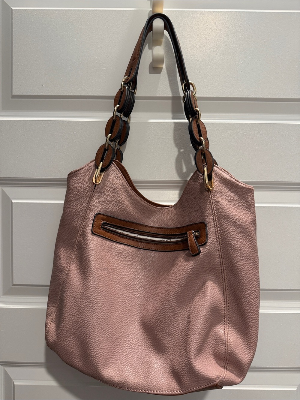 Dusty Pink Pebbled Shoulder Bag with Brown Trim